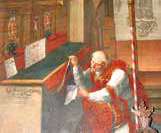 A priest holding a cloth inside a church, depicted in a historical painting.