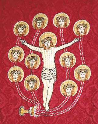 A red banner depicting Jesus with multiple haloed heads connected by lines, symbolizing a miracle.