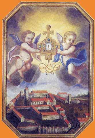 Angels holding a cross above a town, depicting the relic of Precious Blood.