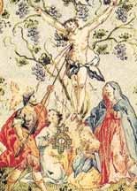 An artistic depiction of the crucifixion with figures surrounding the cross.