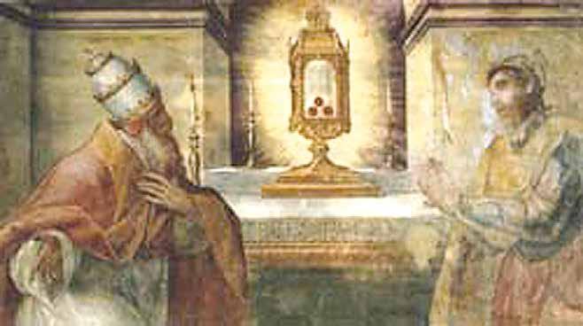 A pope reverently approaches a relic displayed on an altar.