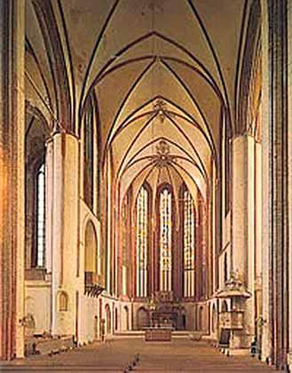 Interior of St. Nikolai Church in Wilsnack, rebuilt to honor the 1383 miracle of the bleeding Hosts.