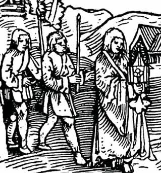 An illustration showing figures carrying a lantern and walking in a procession.