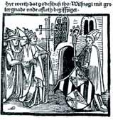 An illustration showing figures in medieval attire, possibly depicting a historical event related to the miracle.