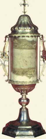 A silver reliquary containing the blood-stained cloth from the Eucharistic miracle.