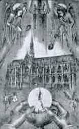 An illustration depicting a church with angels and a large host in the foreground.