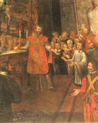Oil Painting on canvas of an unknown 17th century painter depicting the Eucharistic miracle that took place in the collegiate church of San Secondo in 1535. The painting is kept in the chapel of the miracle.