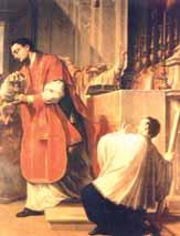 A priest presenting the Eucharist to a kneeling figure in a church setting.