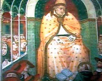 A fresco depicting a pope seated with attendants and onlookers, showcasing a historical religious scene.