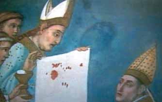 A fresco depicting a bishop showing a cloth with blood stains to a pope.