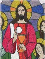 A mosaic depicting Jesus holding a chalice and a host, surrounded by figures.