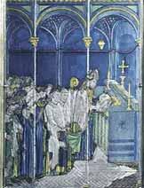 A depiction of a religious ceremony with clergy and attendees in a church setting.