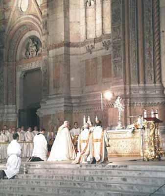 A religious ceremony with clergy and altar in a grand church setting.