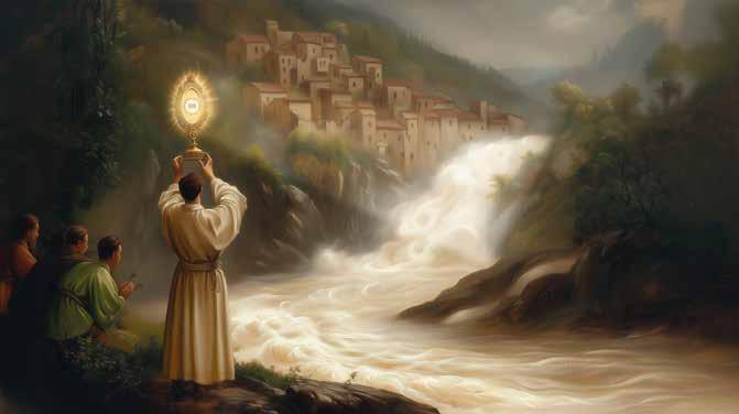 A priest holds the Eucharist while a village is threatened by rushing floodwaters.