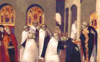 A scene depicting a group of figures in religious attire, possibly witnessing a miracle or event.
