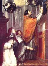 A priest performing a Eucharistic ceremony with two individuals observing reverently.
