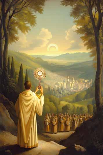 A priest holding a monstrance with a procession of people in a scenic landscape.