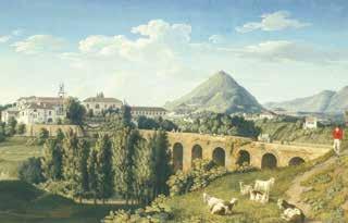 A scenic landscape with a bridge, trees, mountains, and a person with goats in the foreground.