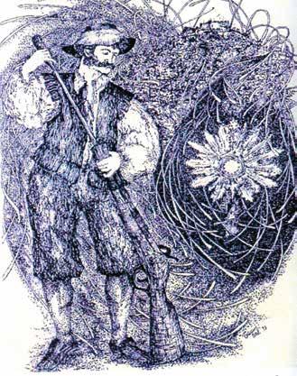 An antique illustration showing a man with a rifle standing beside a large floral emblem.