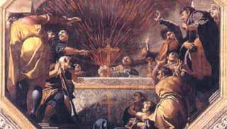 A painting depicting a religious scene with figures around a central altar emitting light.