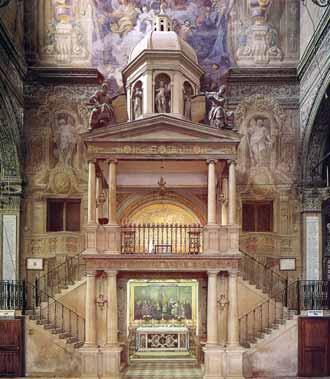 Shrine enclosing the Holy Ceiling Vault, adorned with paintings, commemorating the 1171 Eucharistic miracle in Ferrara's Basilica of Santa Maria in Vado.
