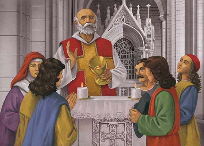 A priest holds a chalice while several people observe during a religious ceremony.