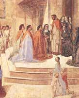 A historical scene depicting a group of people in traditional attire, possibly in a religious or ceremonial context.