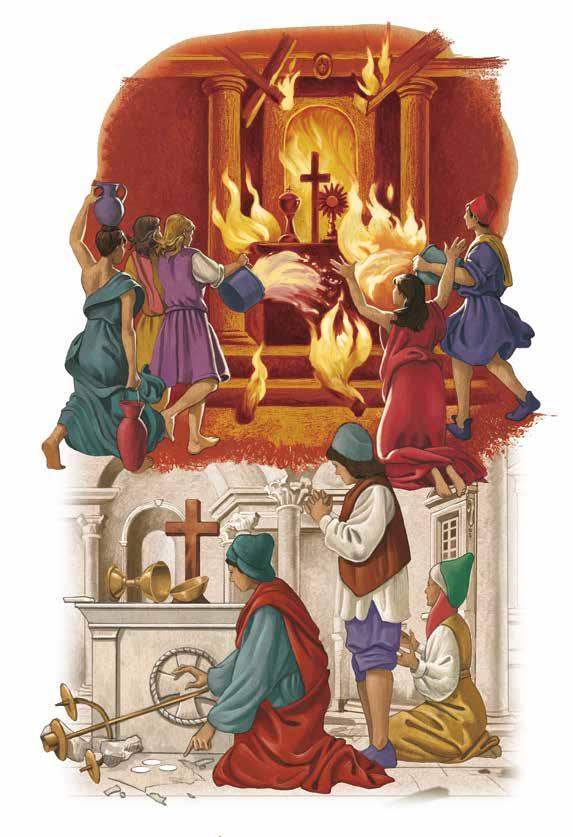 A depiction of people trying to save the Blessed Sacrament from a church fire.