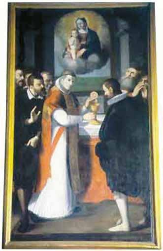 A painting showing a religious ceremony with figures surrounding a central priest performing the Eucharist.