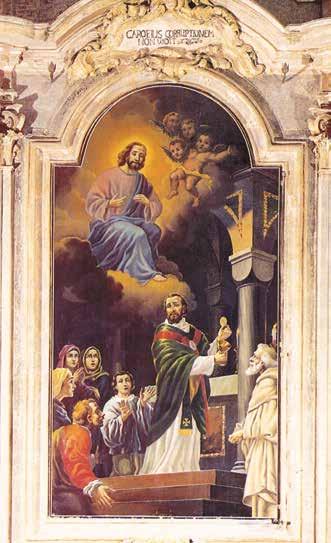A religious scene showing Jesus with a priest and worshippers during a Eucharistic miracle.