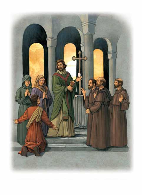 A priest holds a cross while surrounded by people in a church setting.