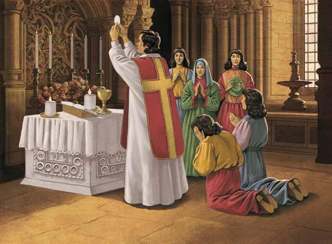 A priest elevates the Eucharist while several people kneel in prayer, inside a church setting.