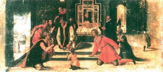A depiction of the Eucharistic miracle with figures gathered around a central altar.