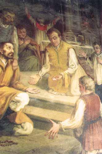 A depiction of the Eucharistic miracle involving two men and Hosts on the ground.