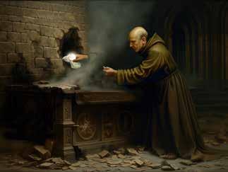 A monk discovering a large Host in a pyx amidst ruins after a fire.