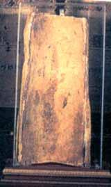 A relic displayed in a glass case, believed to be associated with the Eucharistic miracle.