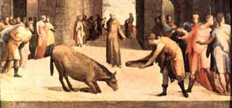 A scene depicting Saint Anthony and a mule, illustrating a miracle involving the Eucharist.