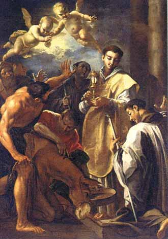 Saint Anthony performs a miracle involving a mule and the Eucharist, surrounded by various figures.