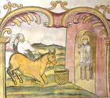 A scene depicting a mule and a man, illustrating a historical event related to Saint Anthony.