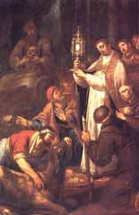 Saint Anthony holding the Eucharist before a group of people and a kneeling animal.