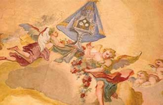 Angels depicted in a fresco holding a monstrance, symbolizing the Eucharistic miracle at Santa Pudenziana, Rome, 1610.