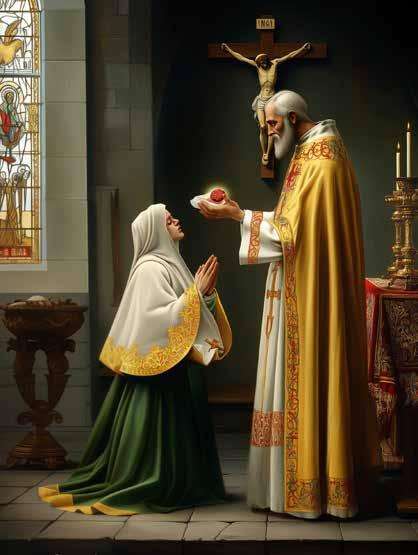 Pope St. Gregory the Great presents the Eucharist, symbolizing the miracle of bread becoming Flesh and Blood in 595 Rome.