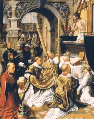 A depiction of St. Gregory celebrating Mass with clergy and worshippers in attendance.