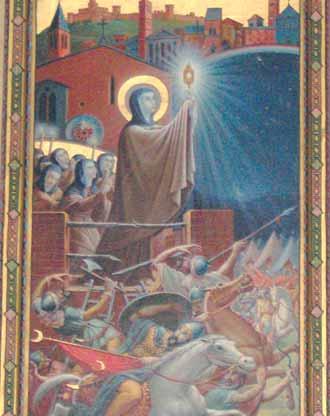 Saint Clare and the Saracens. Painting by Piero Ghetti. Holy Cross Monastery, Egnano Maggiore.