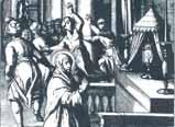 Saint Clare confronting Saracen soldiers in a church setting, demonstrating her faith and courage.