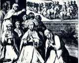 An illustration depicting Saint Clare and a group of women praying as Saracens approach.