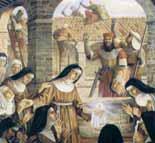 Saint Clare is depicted with nuns, confronting Saracen soldiers while holding the Eucharist.