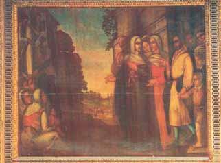 A painting depicting a group of people, including women and a man, standing in a street.