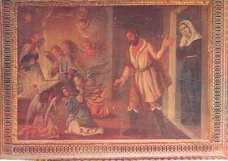A man discovers a miraculous event with angels and a woman in a room, light emanating from a cupboard.