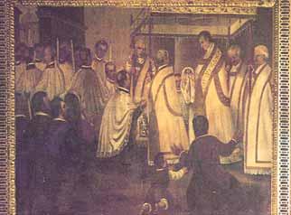 A group of clergy and officials in ceremonial robes gathered around an altar.